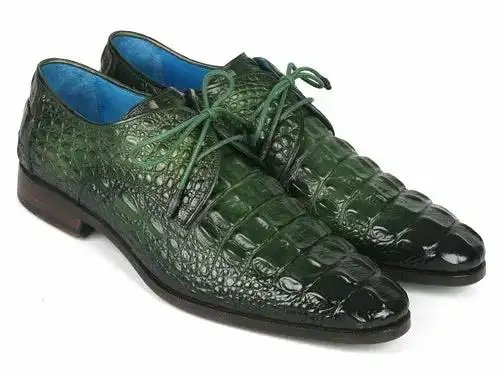 Paul Parkman Green Croco Textured Leather Derby Shoes