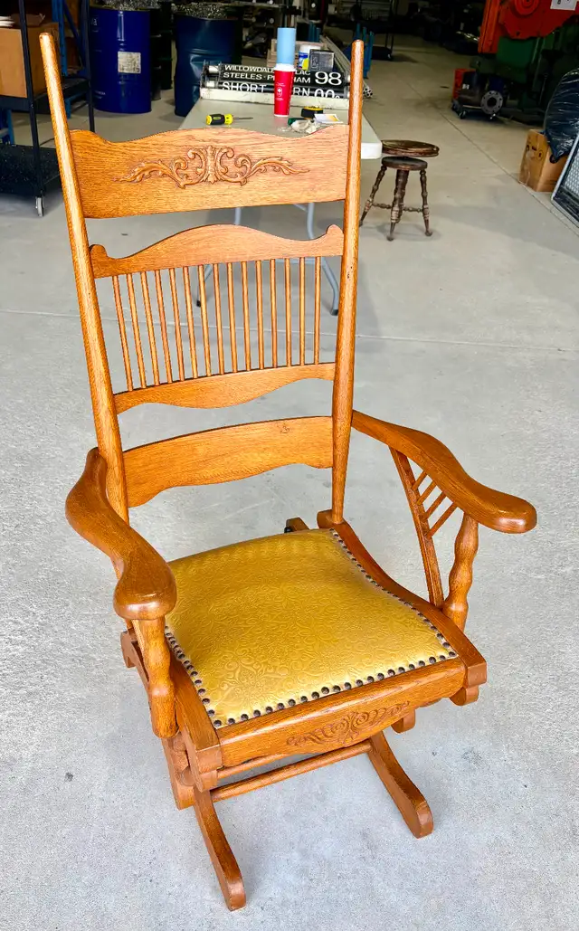 Antique Oak Wood Platform Rocking Chair (w Pressed Back Design)