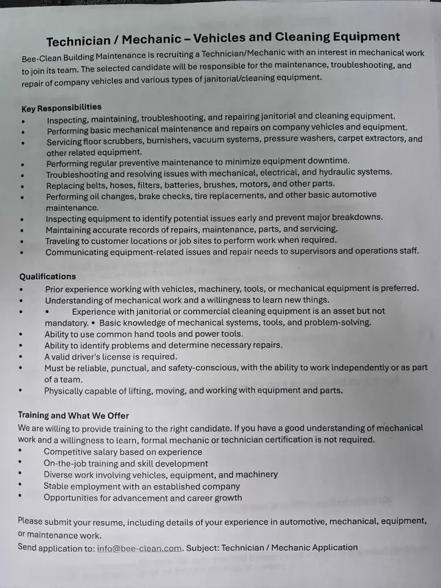 Wanted: Mechanic (Automotive & Cleaning Equipment)