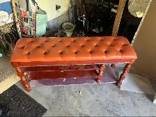 Brown Leather Button-Tufted Bench with Storage