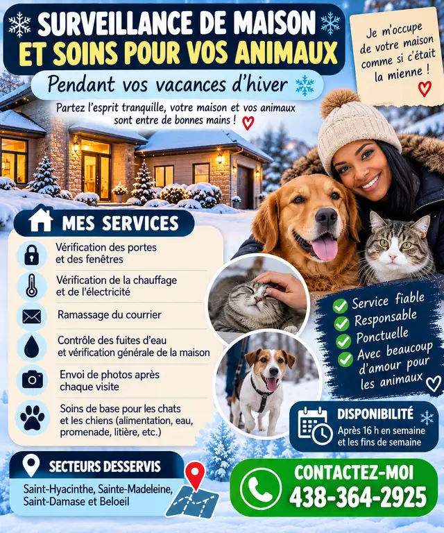 Services de surveillance de maison et soins pour animaux