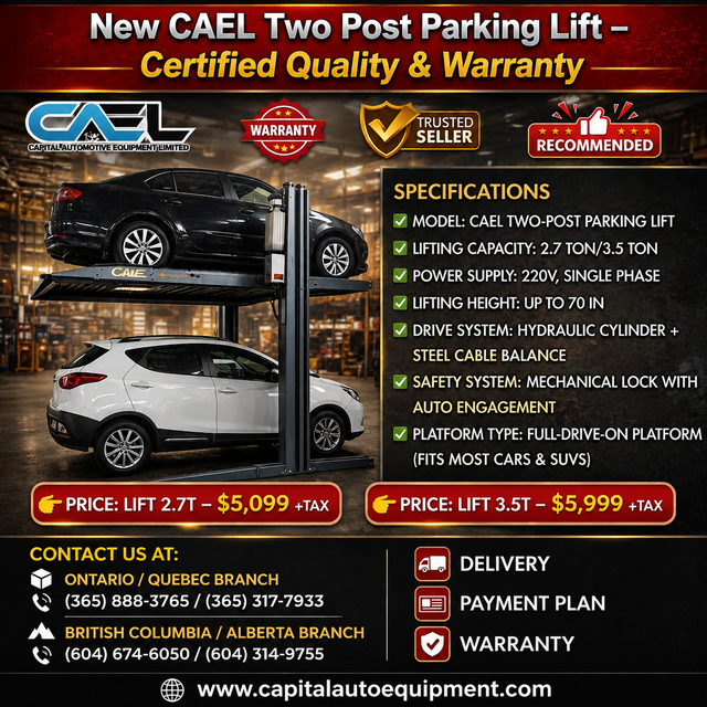 New CAEL Two-Post Parking Lift - Space-Saving Car Lift