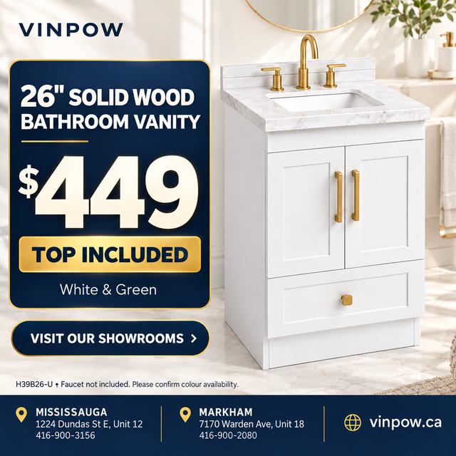 26' SOLID WOOD BATHROOM VANITY — $449TOP INCLUDED