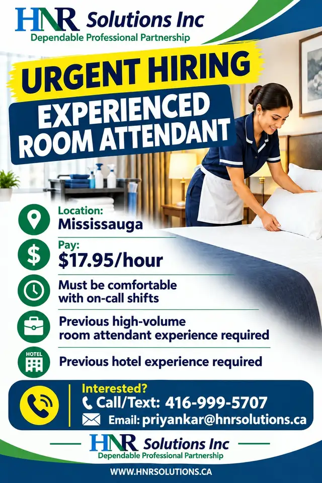 Urgently Hiring – Room Attendant