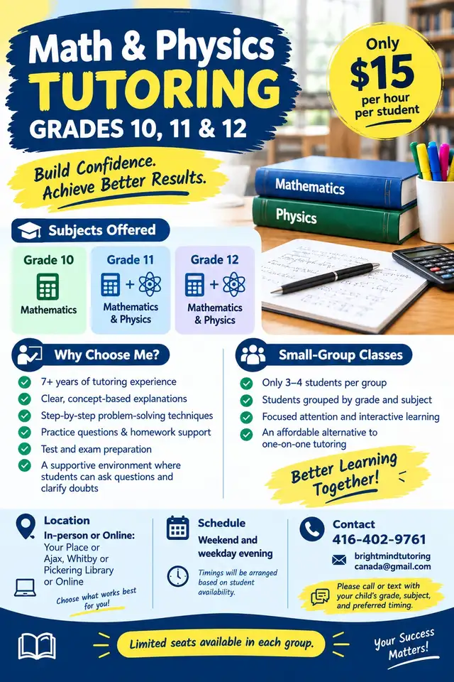 Math & Physics Tutoring – Grades 10, 11 & 12 | Ajax | 15$/hr