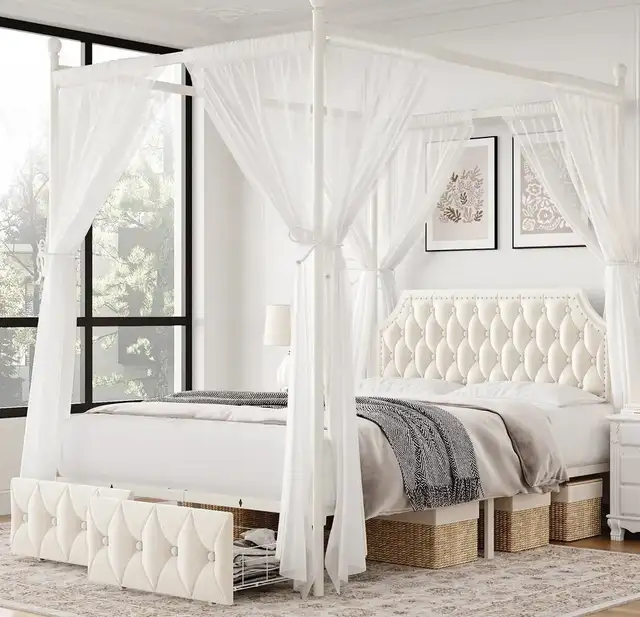 Queen Size Canopy Bed Frame, 2 Storage Drawers Metal Platform Be