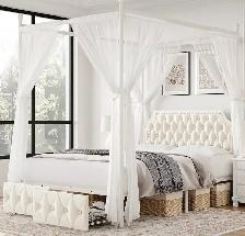 Queen Size Canopy Bed Frame, 2 Storage Drawers Metal Platform Be