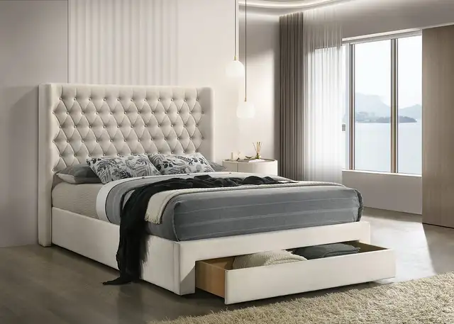 LUXURY UPHOLSTERED PLATFORM BED WITH BUILT-IN STORAGE DRAWER.