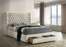 LUXURY UPHOLSTERED PLATFORM BED WITH BUILT-IN STORAGE DRAWER.