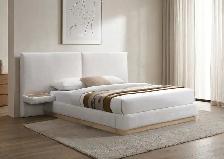 Upholstered Ivory Fabric Bed with Tall Panel Headboard .