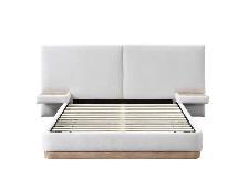 Upholstered Ivory Fabric Bed with Tall Panel Headboard . - Photo 2