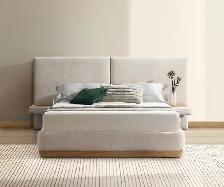 Upholstered Ivory Fabric Bed with Tall Panel Headboard . - Photo 3
