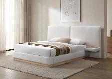 Upholstered Ivory Fabric Bed with Tall Panel Headboard . - Photo 4