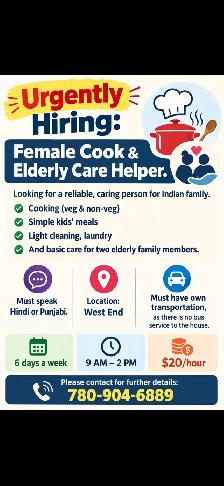 Urgently Hiring Experienced Female cook