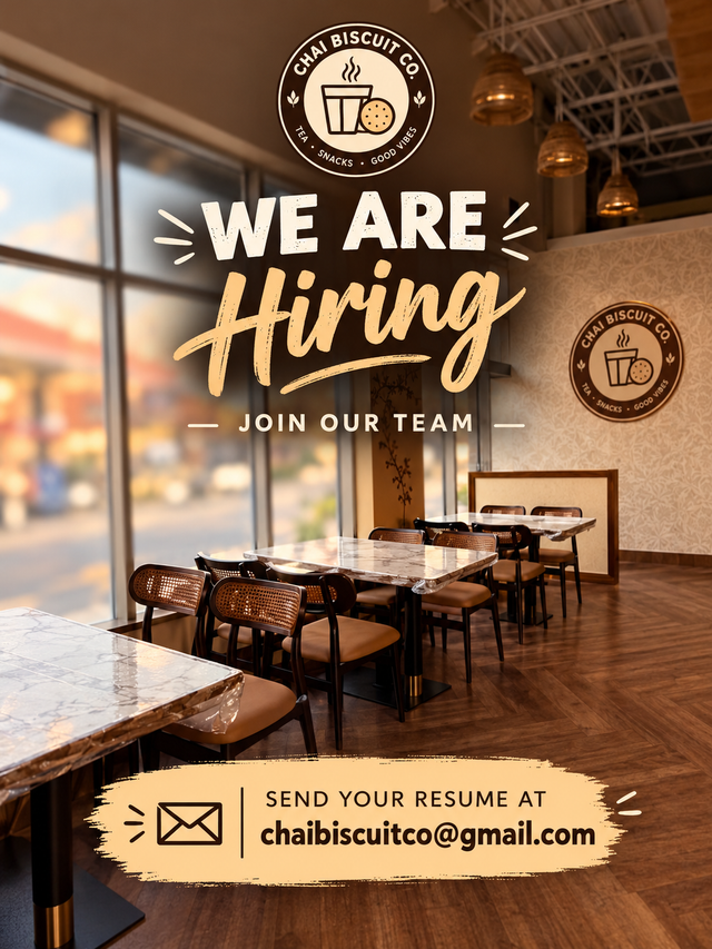 We are hiring barista. Share resume at Chaibiscuitco@gmail.com