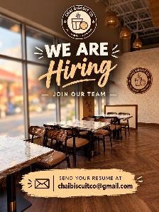 We are hiring barista. Share resume at Chaibiscuitco@gmail.com