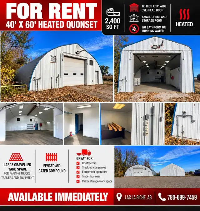 40' x 60' HEATED QUONSET FOR RENT – 2,400 SQ FT
