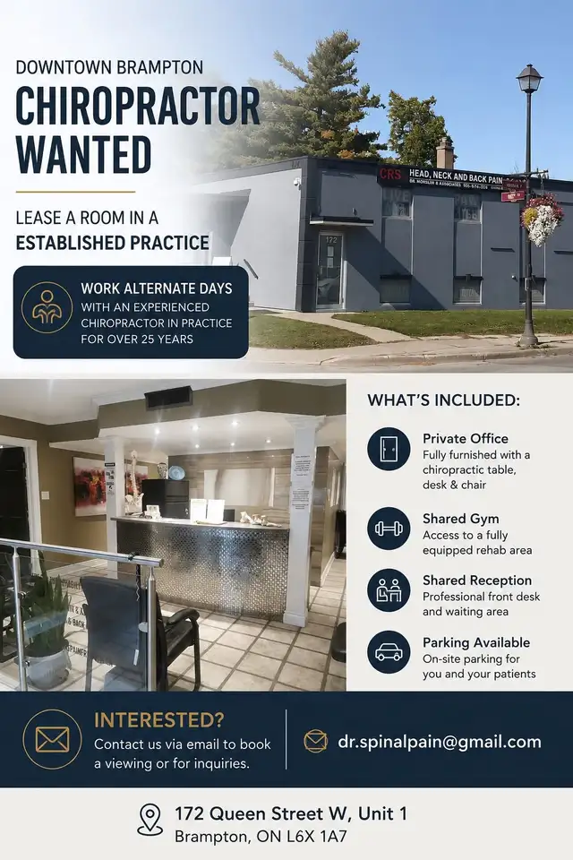 Prime Commercial Shared Space in DT Brampton- Chiropractor