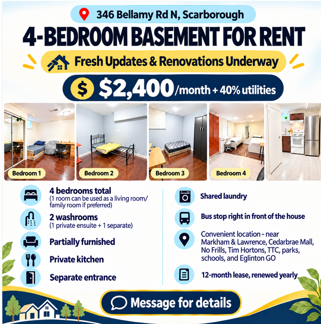 RENOVATED 3/4 BEDROOM / 2 BATHROOM BASEMENT FOR RENT IN SCARBORO