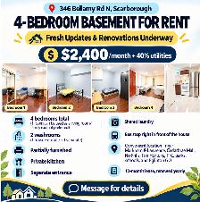 RENOVATED 3/4 BEDROOM / 2 BATHROOM BASEMENT FOR RENT IN SCARBORO