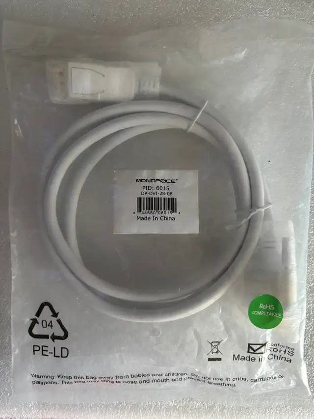 DisplayPort to DVI Cable 6ft Brand New Sealed