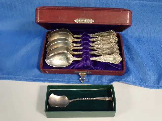 Cased Sterling Silver Spoons and Pewter Bell Ornament