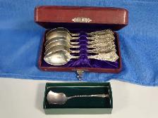 Cased Sterling Silver Spoons and Pewter Bell Ornament