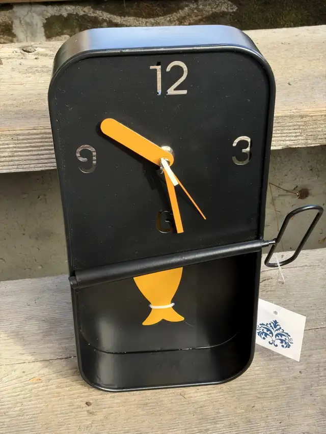 Sardine Tin Pendulum Wall Clock - Black Metal - New w/ Tags