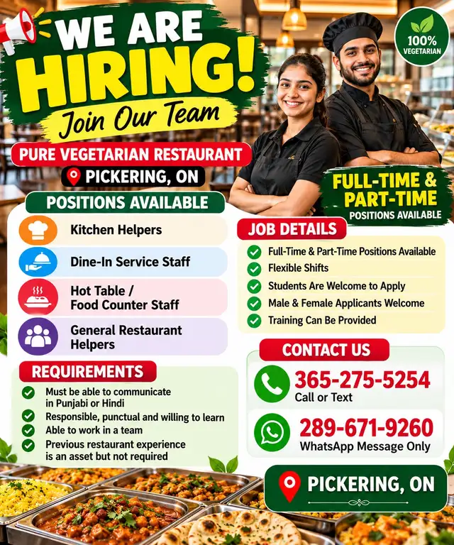 Restaurant Staff Hiring in Pickering | Full-Time & Part-Time