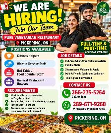 Restaurant Staff Hiring in Pickering | Full-Time & Part-Time