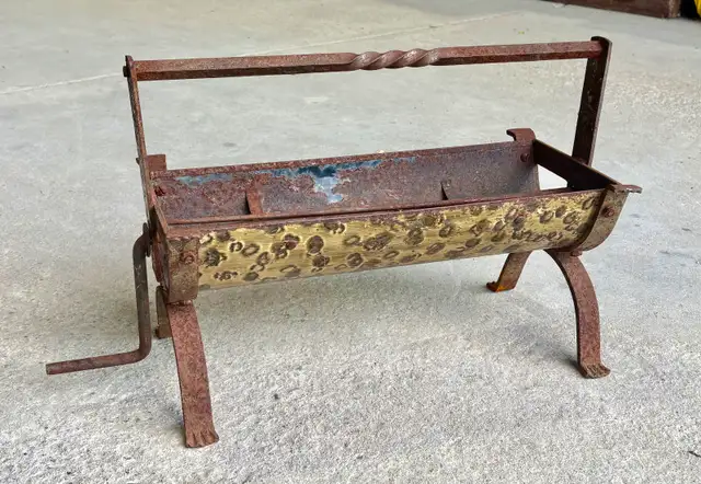 Antique Cast Iron Newspaper Log Roller w Decorative Brass Panel