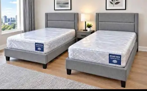 New Twin Bed Set with Mattress - Grey Fabric - Free Delivery GTA