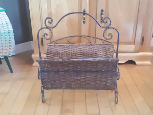 Vintage wicker & cast iron magazine rack