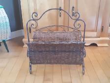 Vintage wicker & cast iron magazine rack