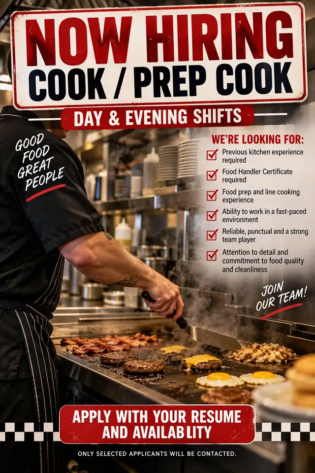 EXPERIENCED COOK & PREP COOK WANTED DAYS/EVENINGS