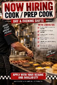 EXPERIENCED COOK & PREP COOK WANTED DAYS/EVENINGS