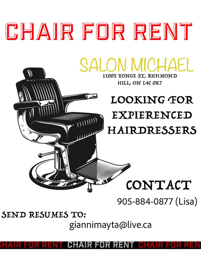 Chair Rental Opportunity – Salon Micheal | Richmond Hill