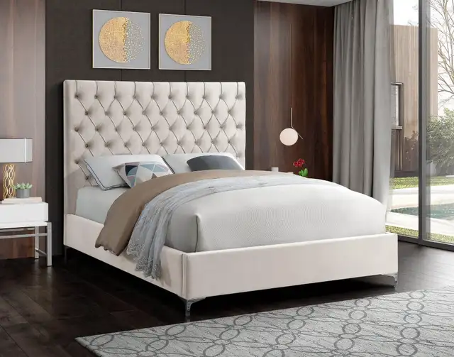 CRÈME VELVET PLATFORM BED WITH GOLD OR SILVER LEGS