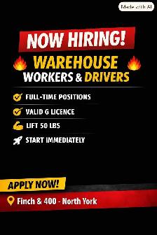 Warehouse   Driver Needed – Full Time, Start ASAP (Finch & 400)