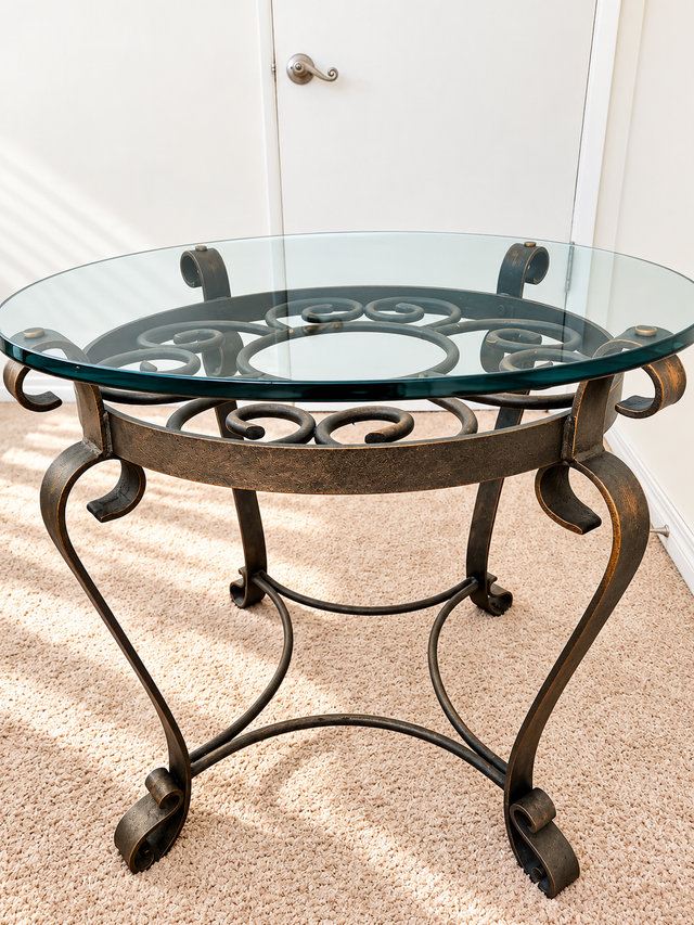 Wrought Iron & Glass Nightstand / Side Table – Scrollwork Design