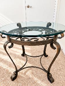 Wrought Iron & Glass Nightstand / Side Table – Scrollwork Design