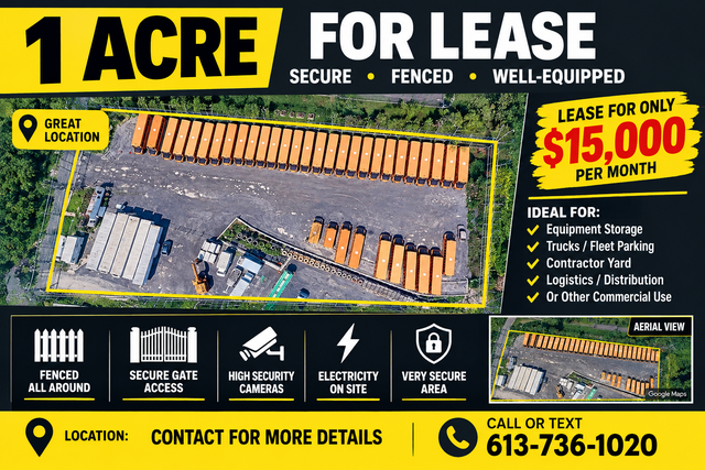 1 Acre Secure Fenced Lot for Lease $15,000/month Ottawa