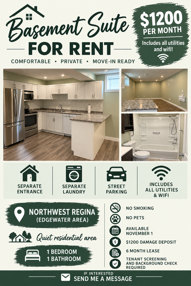 Basement Suite For Rent in Regina