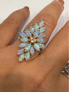 14Karat Natural Marquis Shape Opals and Diamonds Dinner Ring