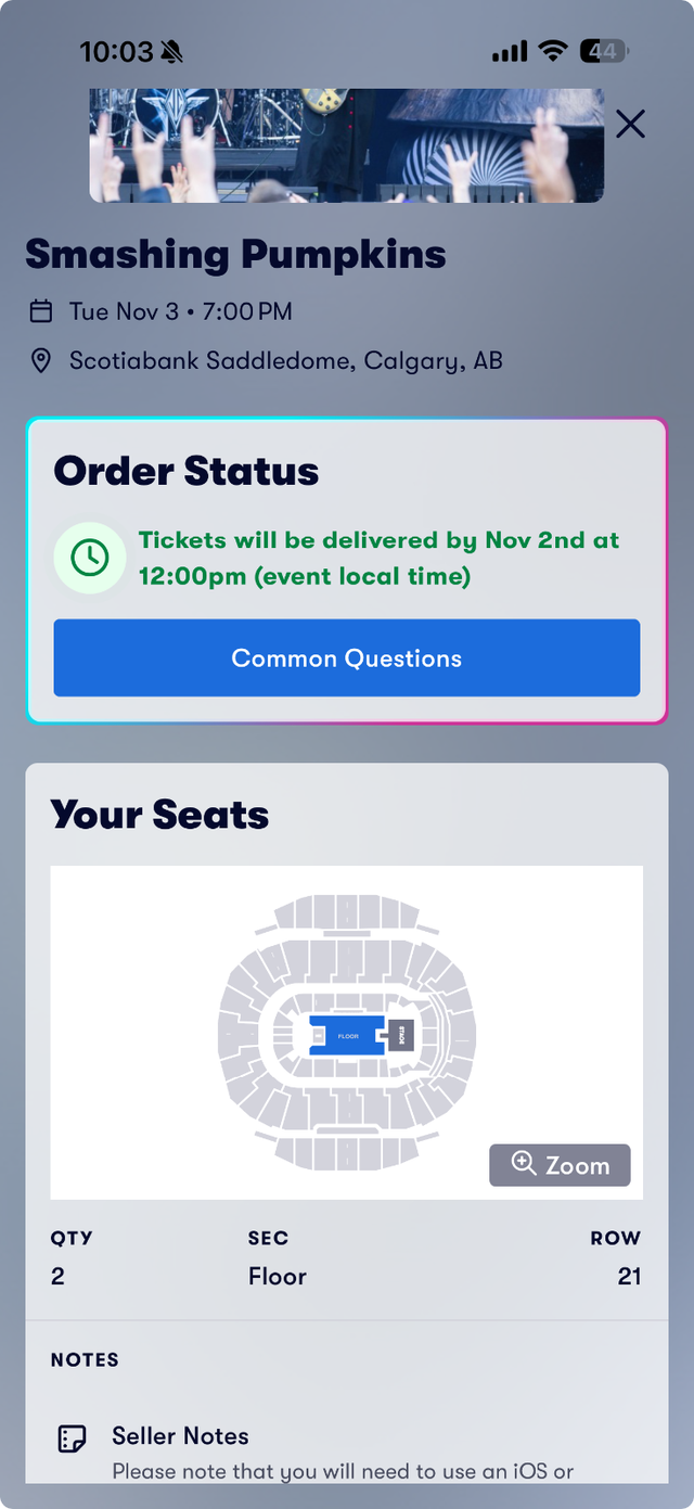 Smashing pumpkins floor seats, asking $550 each ticket.