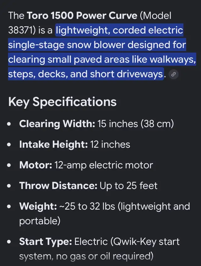 Toro 1500 Power Curve Electric Snow Blower