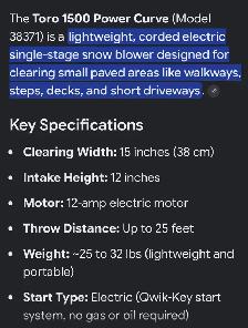 Toro 1500 Power Curve Electric Snow Blower