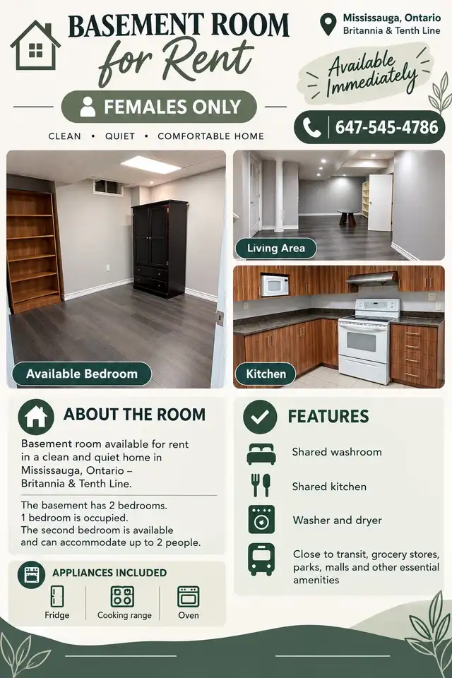 Basement Room For Rent - Females Only