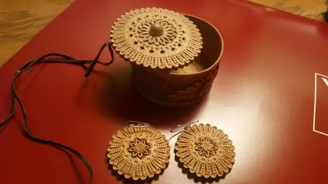 Birch bark box, pendant, earrings