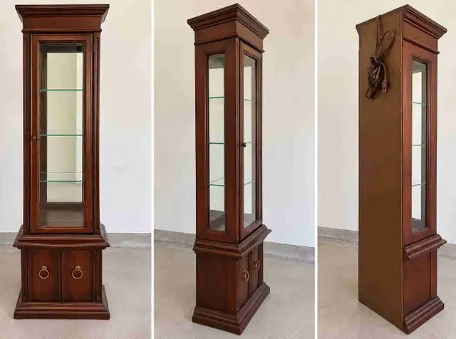 Tall wood curio cabinet with glass shelves and light!